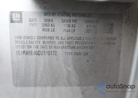 2012 Chevrolet Volt from USA, damaged, VIN 1G1RA6E46CU110172